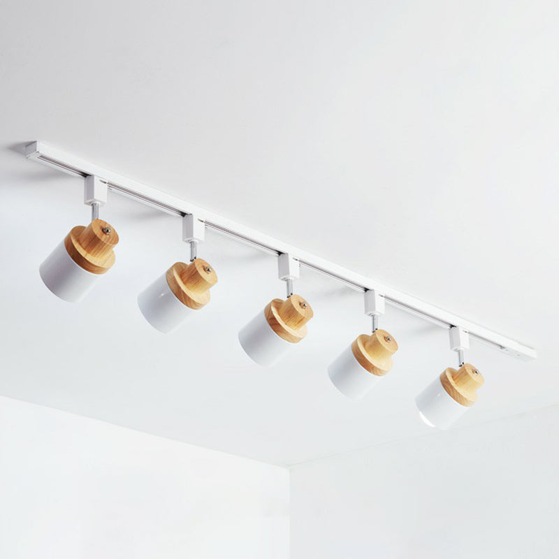 Nordic Cylindrical Flush Mount Spotlight Metal Bedroom Semi Flush Track Light with Wood Deco 5 White Clearhalo 'Ceiling Lights' 'Close To Ceiling Lights' 'Close to ceiling' 'Semi-flushmount' Lighting' 2311472