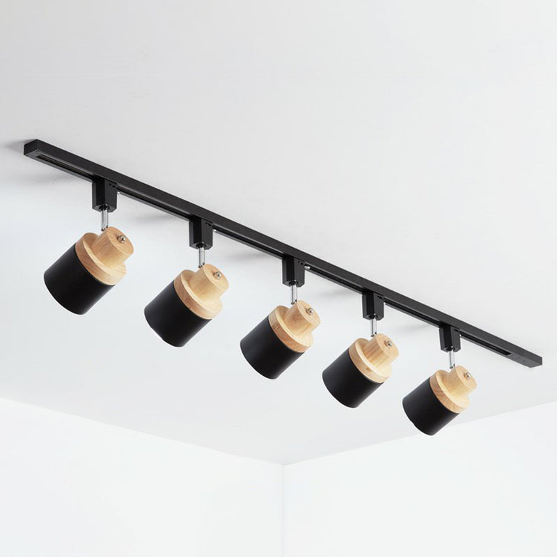 Nordic Cylindrical Flush Mount Spotlight Metal Bedroom Semi Flush Track Light with Wood Deco 5 Black Clearhalo 'Ceiling Lights' 'Close To Ceiling Lights' 'Close to ceiling' 'Semi-flushmount' Lighting' 2311473