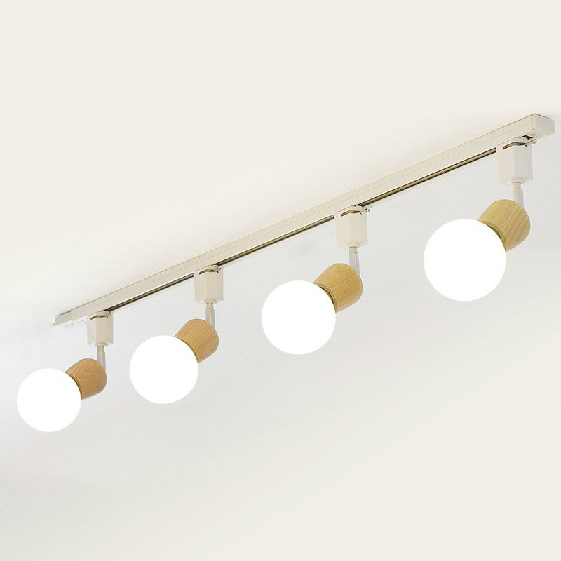 Exposed Bulb Track Lighting Simplicity Wooden 4-Light Dining Room Semi Flush Ceiling Light in White White Oval Clearhalo 'Ceiling Lights' 'Close To Ceiling Lights' 'Close to ceiling' 'Semi-flushmount' Lighting' 2311475