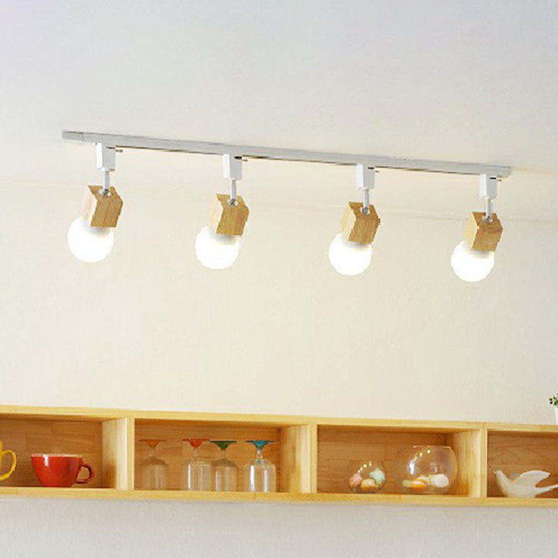 Exposed Bulb Track Lighting Simplicity Wooden 4-Light Dining Room Semi Flush Ceiling Light in White White Square Plate Clearhalo 'Ceiling Lights' 'Close To Ceiling Lights' 'Close to ceiling' 'Semi-flushmount' Lighting' 2311476