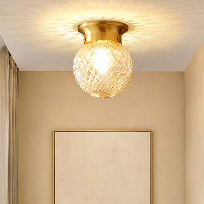 Brass Ball Flush Mount Light Country Clear Lattice Glass Single Corridor Semi Flush Ceiling Light Brass Clearhalo 'Ceiling Lights' 'Close To Ceiling Lights' 'Close to ceiling' 'Semi-flushmount' Lighting' 2311579