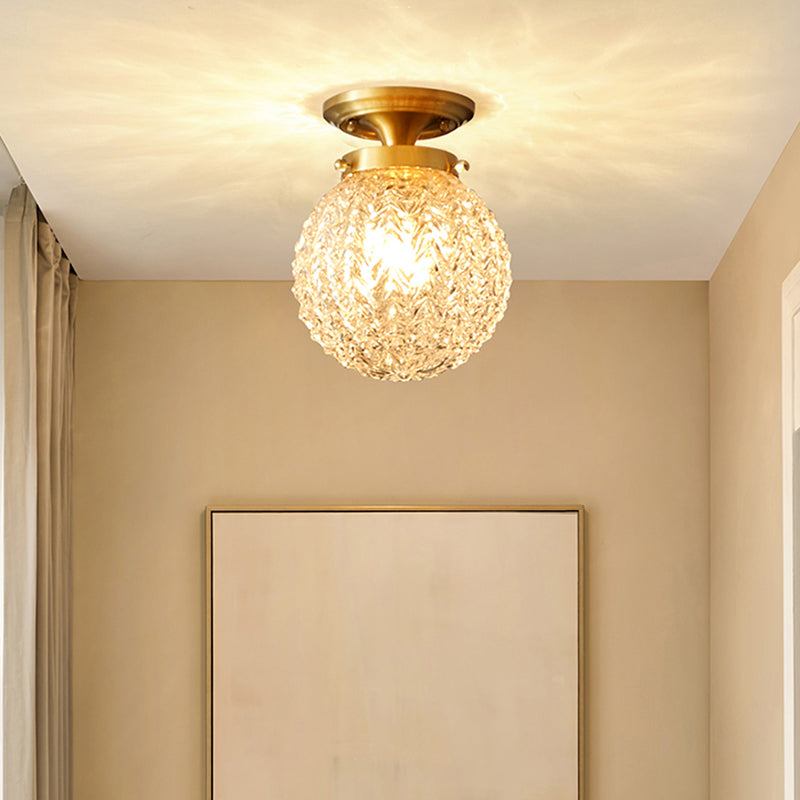 Carved Glass Spherical Flush Mount Farm Style 1 Head Foyer Ceiling Mounted Light in Brass Brass Clearhalo 'Ceiling Lights' 'Close To Ceiling Lights' 'Close to ceiling' 'Semi-flushmount' Lighting' 2311584