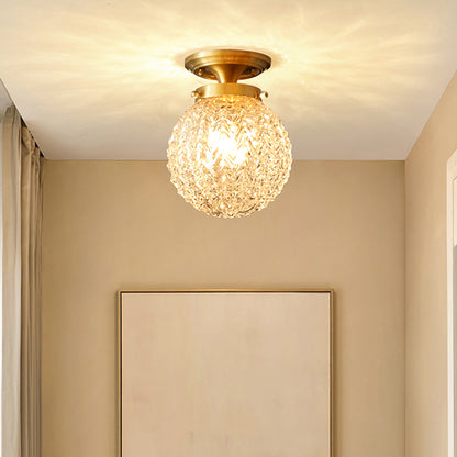 Carved Glass Spherical Flush Mount Farm Style 1 Head Foyer Ceiling Mounted Light in Brass Brass Clearhalo 'Ceiling Lights' 'Close To Ceiling Lights' 'Close to ceiling' 'Semi-flushmount' Lighting' 2311584