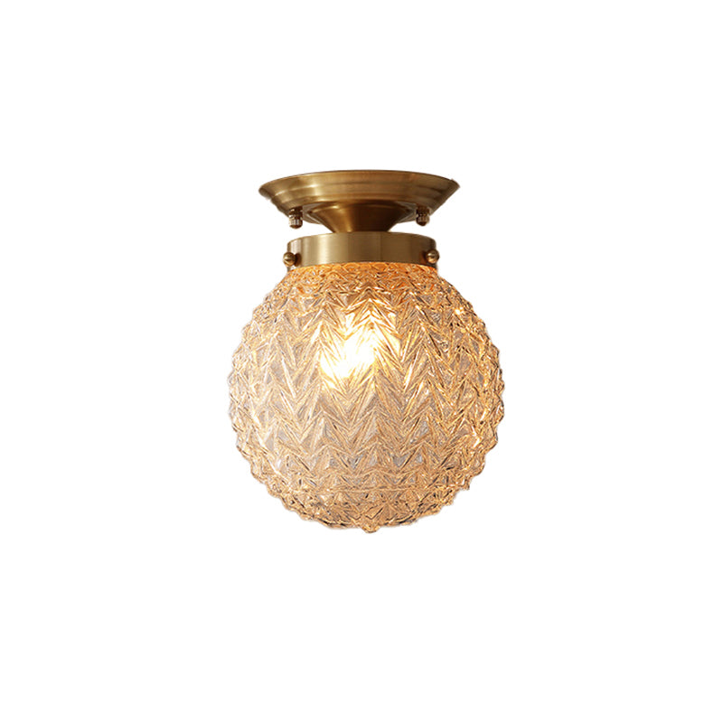 Carved Glass Spherical Flush Mount Farm Style 1 Head Foyer Ceiling Mounted Light in Brass Clearhalo 'Ceiling Lights' 'Close To Ceiling Lights' 'Close to ceiling' 'Semi-flushmount' Lighting' 2311588
