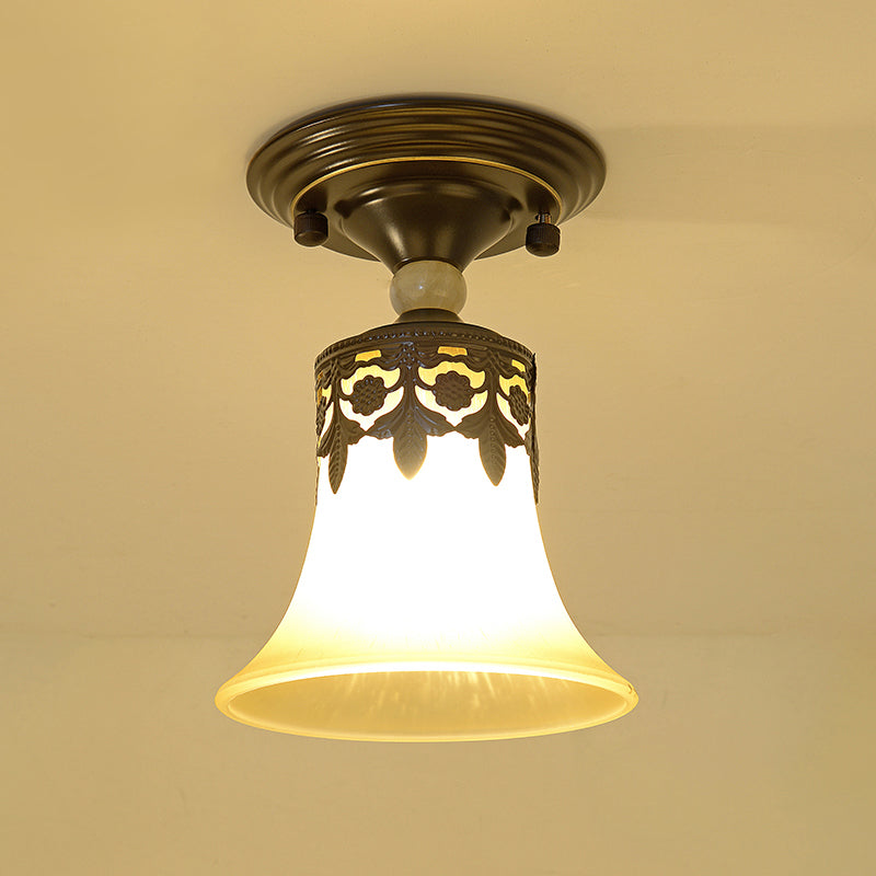 Single Trumpet Flare Flush Ceiling Light Countryside Beige Frosted Glass Semi Mount Lighting for Foyer Clearhalo 'Ceiling Lights' 'Close To Ceiling Lights' 'Close to ceiling' 'Semi-flushmount' Lighting' 2311590