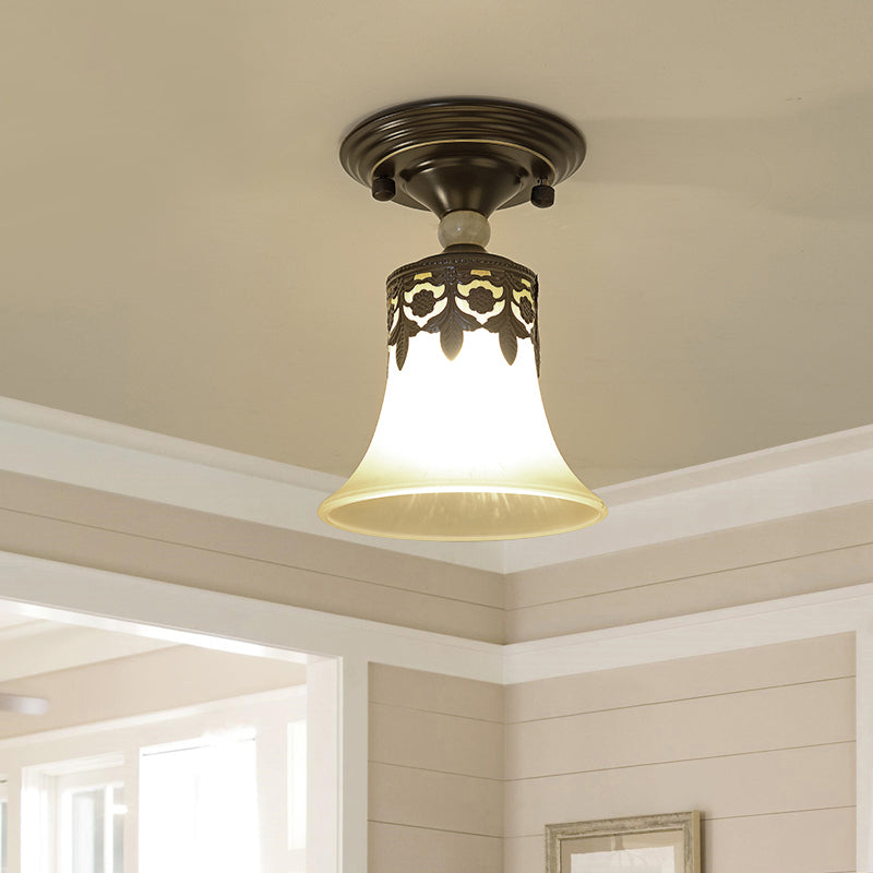 Single Trumpet Flare Flush Ceiling Light Countryside Beige Frosted Glass Semi Mount Lighting for Foyer Clearhalo 'Ceiling Lights' 'Close To Ceiling Lights' 'Close to ceiling' 'Semi-flushmount' Lighting' 2311591