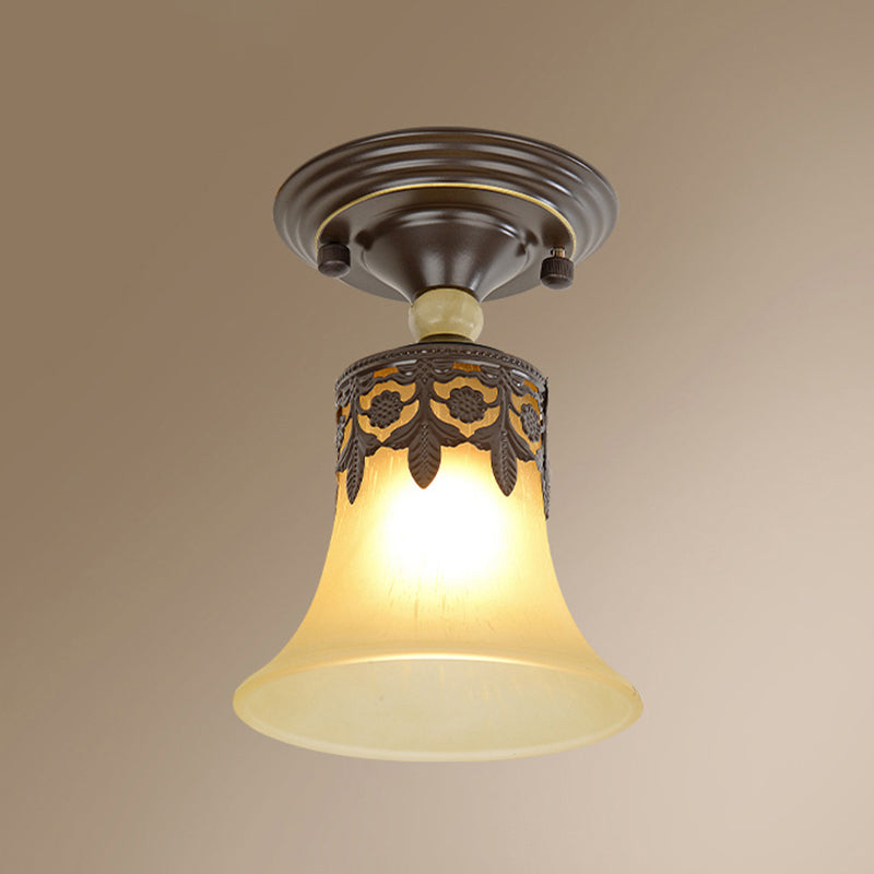 Single Trumpet Flare Flush Ceiling Light Countryside Beige Frosted Glass Semi Mount Lighting for Foyer Clearhalo 'Ceiling Lights' 'Close To Ceiling Lights' 'Close to ceiling' 'Semi-flushmount' Lighting' 2311592