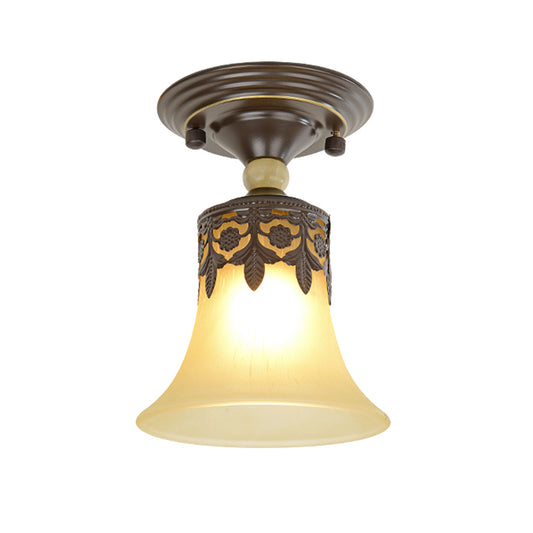 Single Trumpet Flare Flush Ceiling Light Countryside Beige Frosted Glass Semi Mount Lighting for Foyer Clearhalo 'Ceiling Lights' 'Close To Ceiling Lights' 'Close to ceiling' 'Semi-flushmount' Lighting' 2311593
