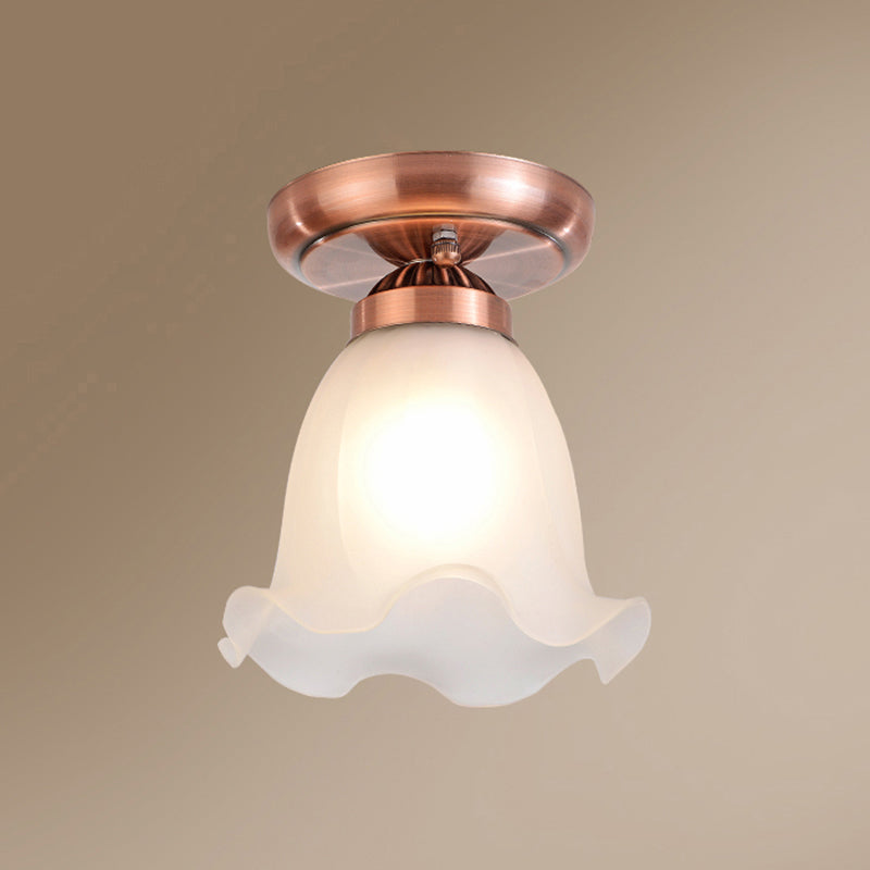 1 Bulb Frosted White Glass Flush Light Rustic Floral Bedroom Ceiling Mount Light Fixture Copper Clearhalo 'Ceiling Lights' 'Close To Ceiling Lights' 'Close to ceiling' 'Semi-flushmount' Lighting' 2311595