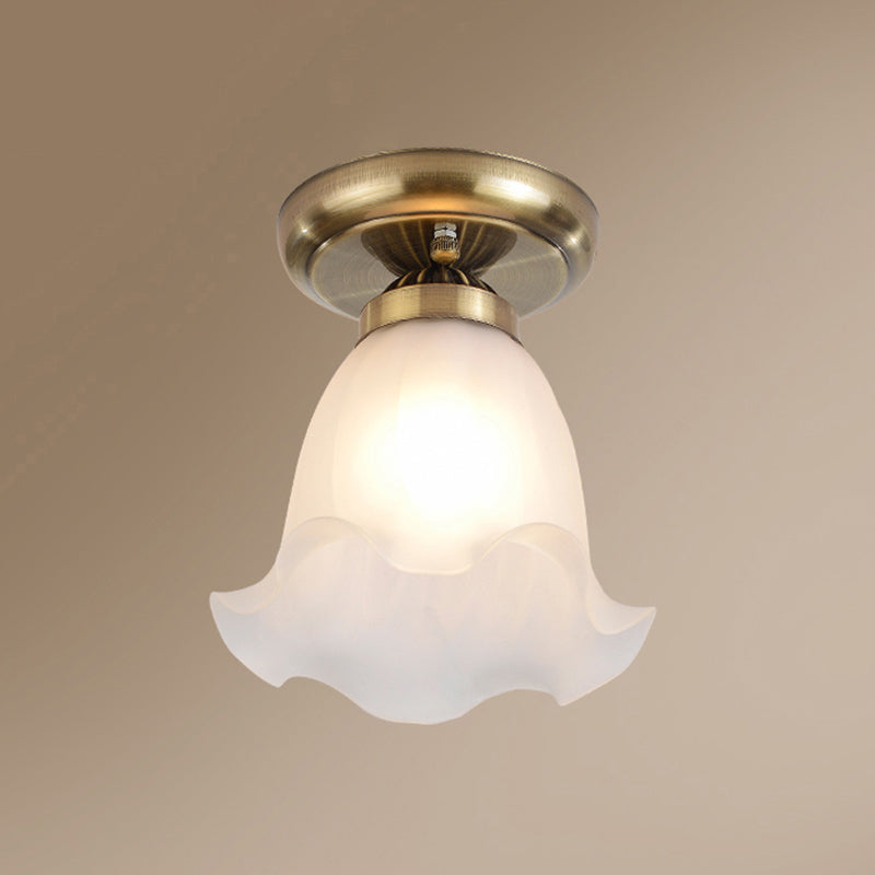 1 Bulb Frosted White Glass Flush Light Rustic Floral Bedroom Ceiling Mount Light Fixture Bronze Clearhalo 'Ceiling Lights' 'Close To Ceiling Lights' 'Close to ceiling' 'Semi-flushmount' Lighting' 2311597