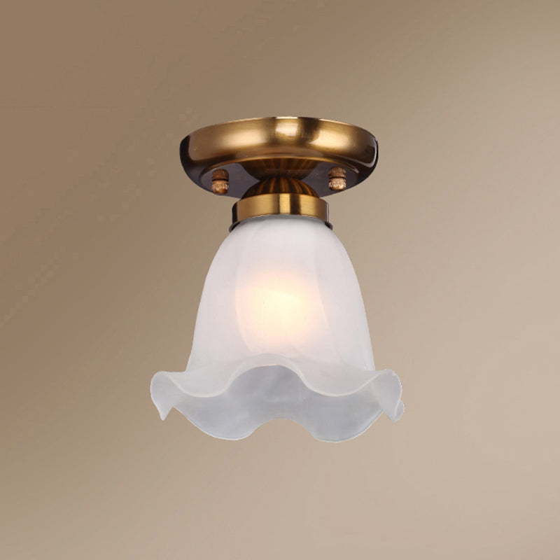 1 Bulb Frosted White Glass Flush Light Rustic Floral Bedroom Ceiling Mount Light Fixture Clearhalo 'Ceiling Lights' 'Close To Ceiling Lights' 'Close to ceiling' 'Semi-flushmount' Lighting' 2311598