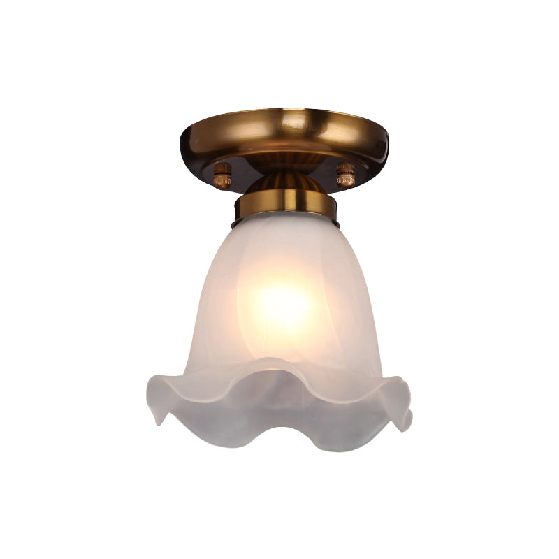 1 Bulb Frosted White Glass Flush Light Rustic Floral Bedroom Ceiling Mount Light Fixture Clearhalo 'Ceiling Lights' 'Close To Ceiling Lights' 'Close to ceiling' 'Semi-flushmount' Lighting' 2311599