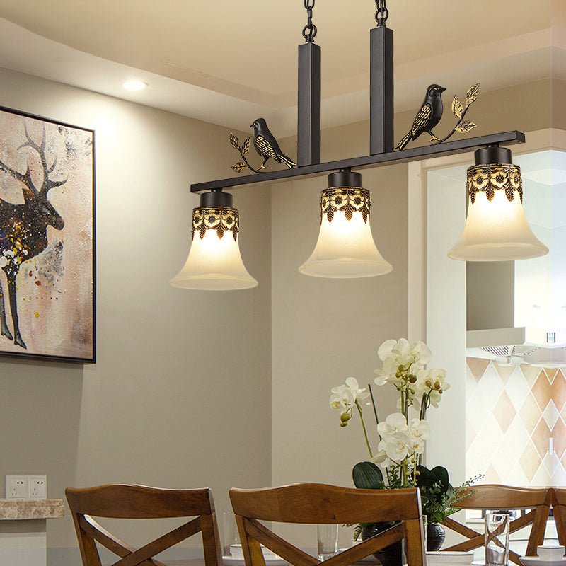 Opal Frosted Glass Flared Island Light Fixture Rustic 3-Light Dining Room Pendant with Bird Decoration in Black Black Clearhalo 'Ceiling Lights' 'Island Lights' Lighting' 2311661
