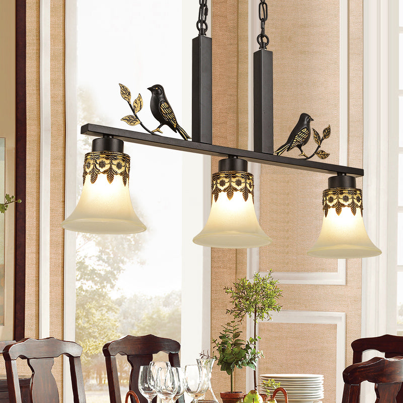 Opal Frosted Glass Flared Island Light Fixture Rustic 3-Light Dining Room Pendant with Bird Decoration in Black Clearhalo 'Ceiling Lights' 'Island Lights' Lighting' 2311662