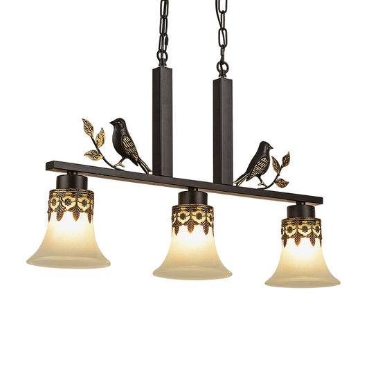 Opal Frosted Glass Flared Island Light Fixture Rustic 3-Light Dining Room Pendant with Bird Decoration in Black Clearhalo 'Ceiling Lights' 'Island Lights' Lighting' 2311663