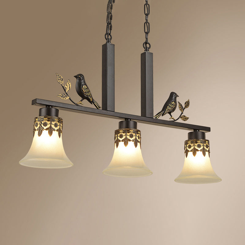 Opal Frosted Glass Flared Island Light Fixture Rustic 3-Light Dining Room Pendant with Bird Decoration in Black Clearhalo 'Ceiling Lights' 'Island Lights' Lighting' 2311664