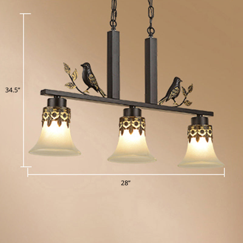 Opal Frosted Glass Flared Island Light Fixture Rustic 3-Light Dining Room Pendant with Bird Decoration in Black Clearhalo 'Ceiling Lights' 'Island Lights' Lighting' 2311665