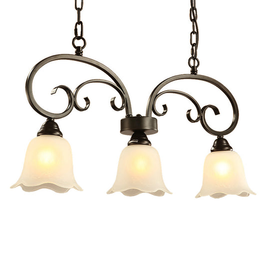 3 Lights Frosted White Glass Island Pendant Rustic Black Floral Swirls Restaurant Hanging Lamp Clearhalo 'Ceiling Lights' 'Island Lights' Lighting' 2311668