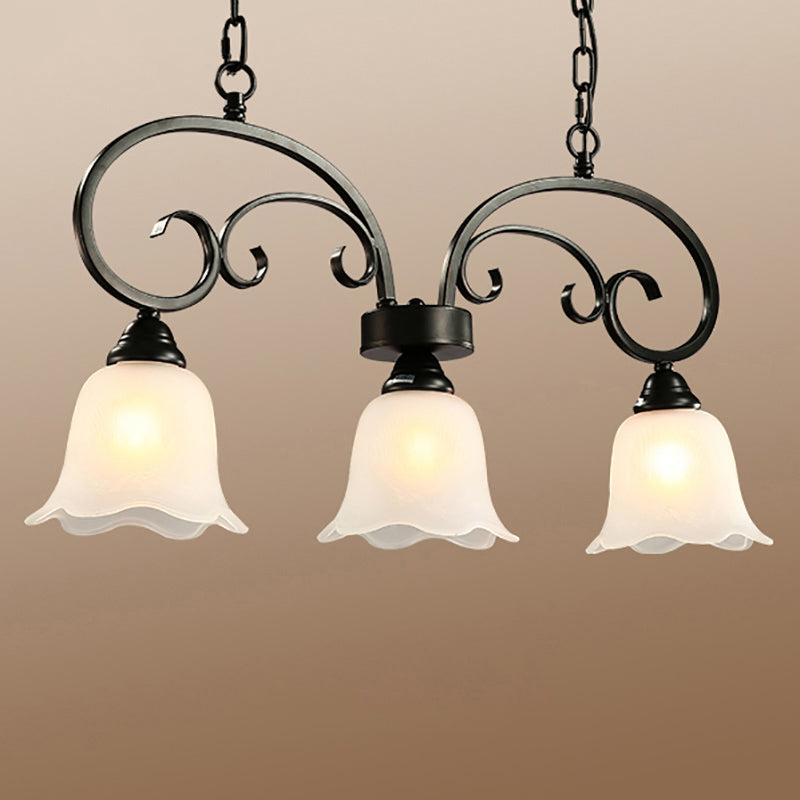 3 Lights Frosted White Glass Island Pendant Rustic Black Floral Swirls Restaurant Hanging Lamp Clearhalo 'Ceiling Lights' 'Island Lights' Lighting' 2311669