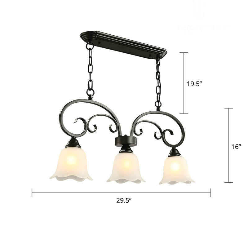 3 Lights Frosted White Glass Island Pendant Rustic Black Floral Swirls Restaurant Hanging Lamp Clearhalo 'Ceiling Lights' 'Island Lights' Lighting' 2311670