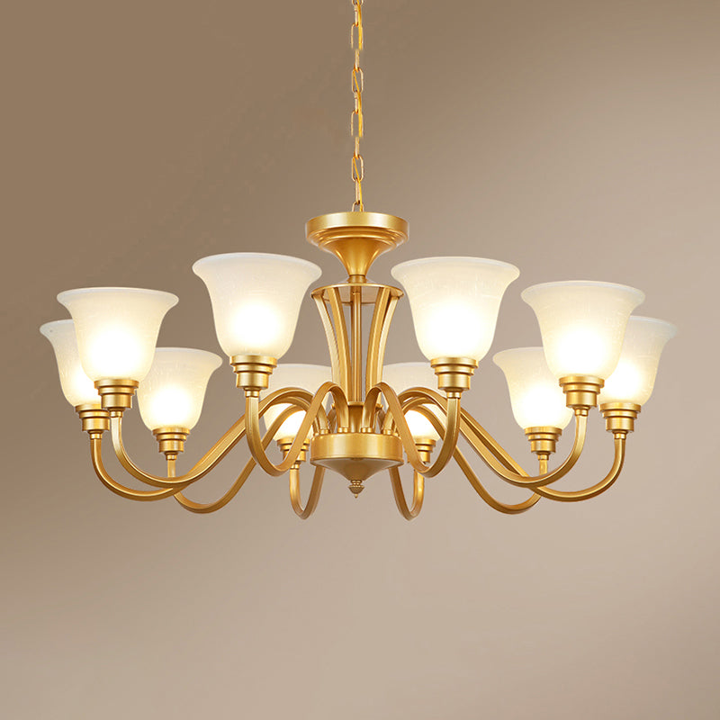 Golden Hanging Chandelier Traditional Frosted Glass Flared Ceiling Light for Living Room 10 Gold Clearhalo 'Ceiling Lights' 'Chandeliers' Lighting' options 2311723_66bfebe9-7490-4a72-9fa7-1421e024b669