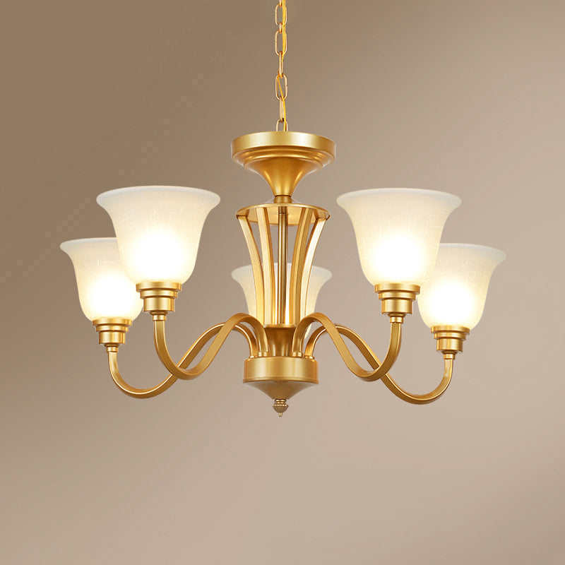 Golden Hanging Chandelier Traditional Frosted Glass Flared Ceiling Light for Living Room 5 Gold Clearhalo 'Ceiling Lights' 'Chandeliers' Lighting' options 2311726_1949adbc-4335-49b5-b1ee-e49e837a7330