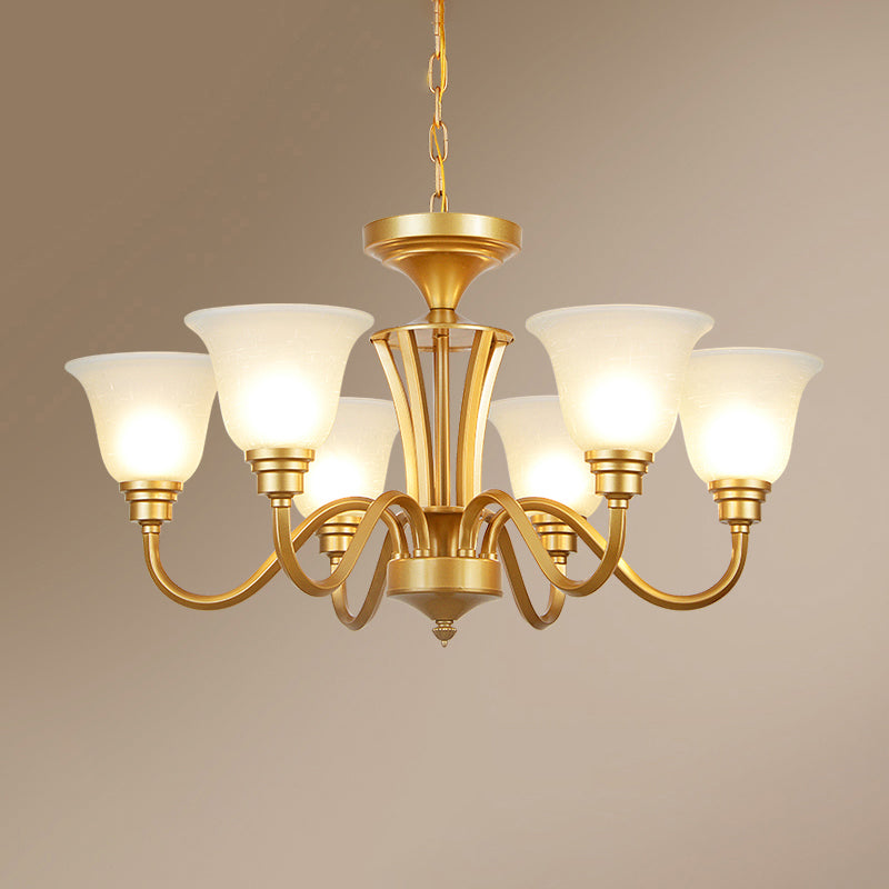 Golden Hanging Chandelier Traditional Frosted Glass Flared Ceiling Light for Living Room 6 Gold Clearhalo 'Ceiling Lights' 'Chandeliers' Lighting' options 2311728_d64693c1-8fd2-474f-9127-88284db1372e