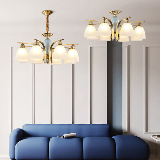 Frosted Glass Brass-Blue Chandelier Bell Shaped Antique Style Hanging Light with Ceramic Deco Clearhalo 'Ceiling Lights' 'Chandeliers' Lighting' options 2311731