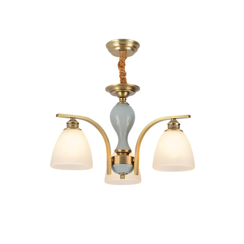 Frosted Glass Brass-Blue Chandelier Bell Shaped Antique Style Hanging Light with Ceramic Deco Clearhalo 'Ceiling Lights' 'Chandeliers' Lighting' options 2311733