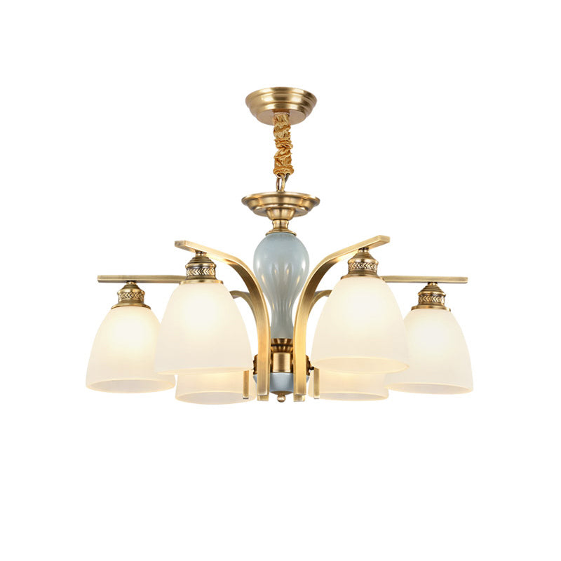 Frosted Glass Brass-Blue Chandelier Bell Shaped Antique Style Hanging Light with Ceramic Deco 6 Brass Clearhalo 'Ceiling Lights' 'Chandeliers' Lighting' options 2311734_19dc089c-18cd-42f7-81a5-b1d011cb1374