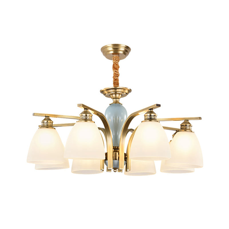 Frosted Glass Brass-Blue Chandelier Bell Shaped Antique Style Hanging Light with Ceramic Deco 8 Brass Clearhalo 'Ceiling Lights' 'Chandeliers' Lighting' options 2311735_01fc0392-0876-405b-ac3a-63fbcc0b88a2