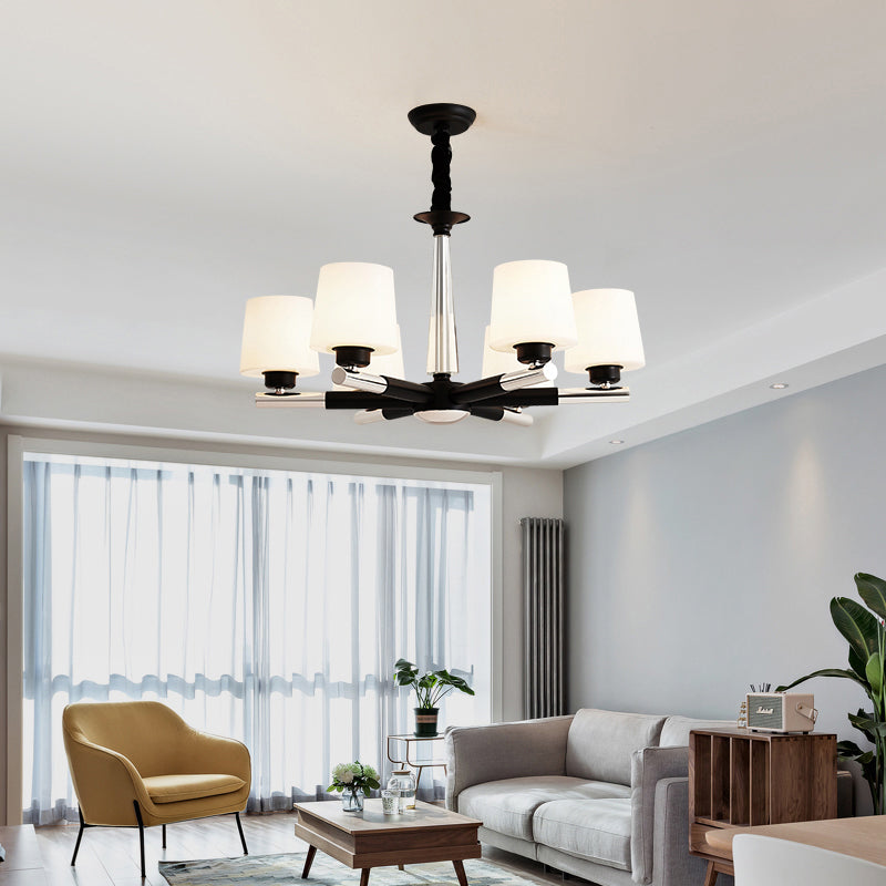 Tapered Frosted White Opal Glass Chandelier Simplicity Living Room Suspension Light in Black Clearhalo 'Ceiling Lights' 'Chandeliers' Lighting' options 2311739