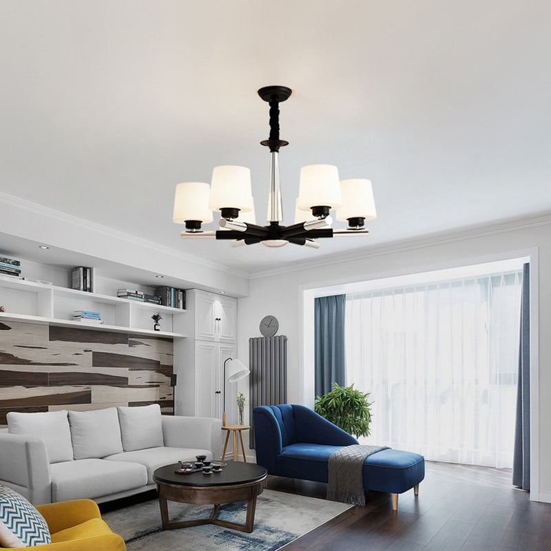 Tapered Frosted White Opal Glass Chandelier Simplicity Living Room Suspension Light in Black Clearhalo 'Ceiling Lights' 'Chandeliers' Lighting' options 2311741