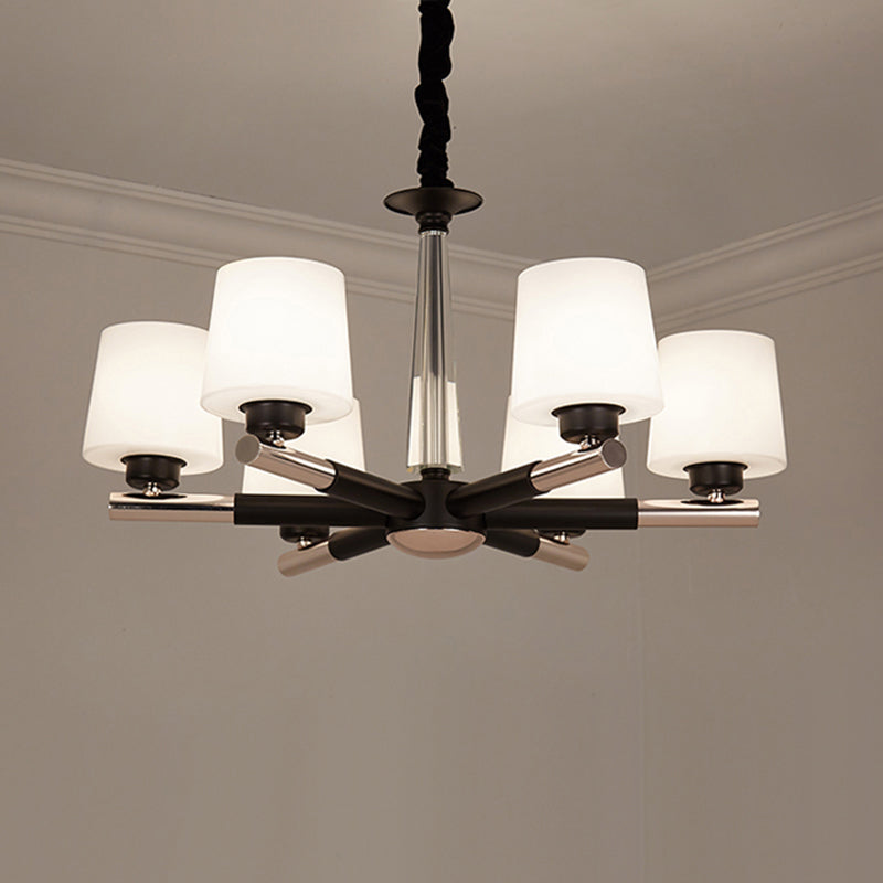 Tapered Frosted White Opal Glass Chandelier Simplicity Living Room Suspension Light in Black Clearhalo 'Ceiling Lights' 'Chandeliers' Lighting' options 2311744
