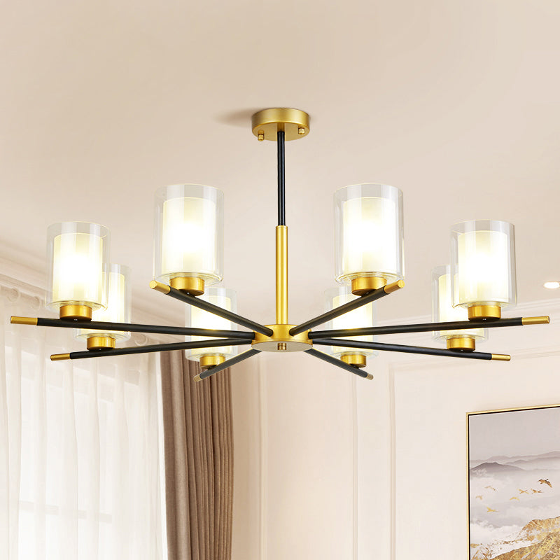 Clear and Frosted Cylinder Suspension Lamp Minimalist Dining Room Chandelier in Black-Brass Clearhalo 'Ceiling Lights' 'Chandeliers' Lighting' options 2311748