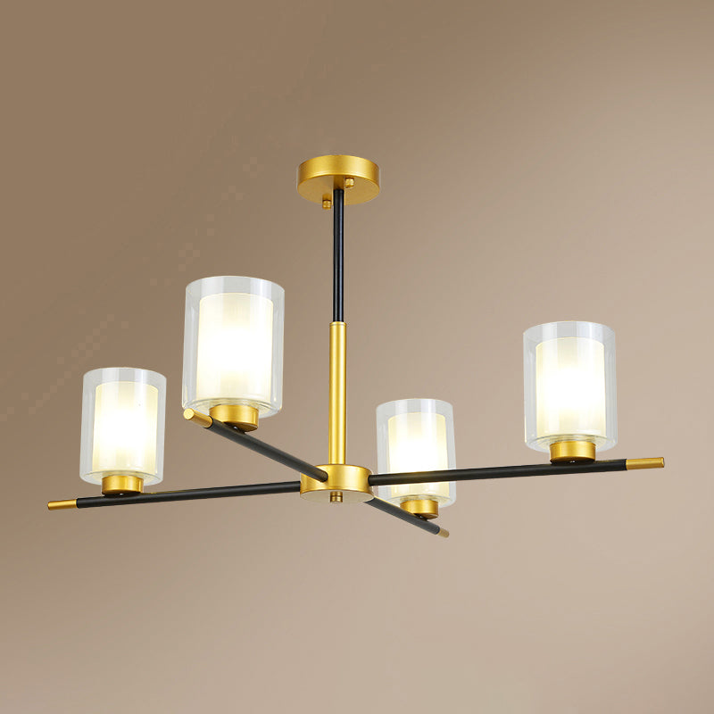 Clear and Frosted Cylinder Suspension Lamp Minimalist Dining Room Chandelier in Black-Brass 4 Brass Clearhalo 'Ceiling Lights' 'Chandeliers' Lighting' options 2311749_e97d618b-7f22-48f1-a463-0f594a286622
