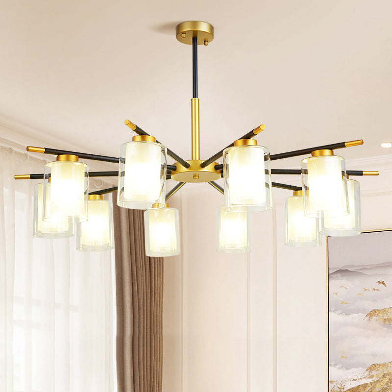 Clear and Frosted Cylinder Suspension Lamp Minimalist Dining Room Chandelier in Black-Brass Clearhalo 'Ceiling Lights' 'Chandeliers' Lighting' options 2311750