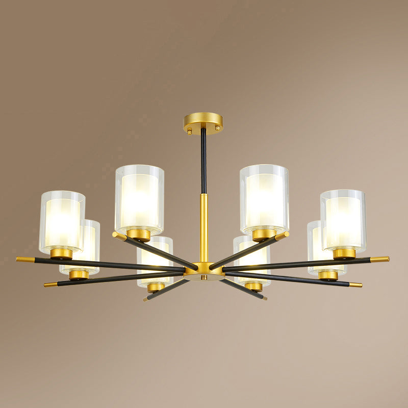 Clear and Frosted Cylinder Suspension Lamp Minimalist Dining Room Chandelier in Black-Brass 8 Brass Clearhalo 'Ceiling Lights' 'Chandeliers' Lighting' options 2311751_ffbda3ba-8f3e-439d-948c-398026364d65