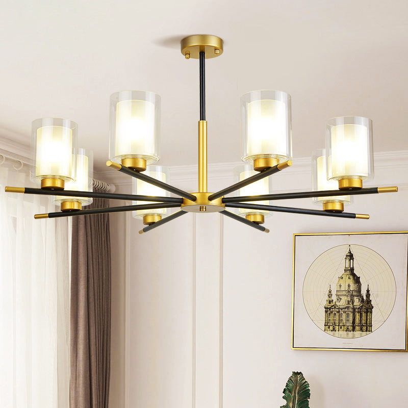 Clear and Frosted Cylinder Suspension Lamp Minimalist Dining Room Chandelier in Black-Brass Clearhalo 'Ceiling Lights' 'Chandeliers' Lighting' options 2311752