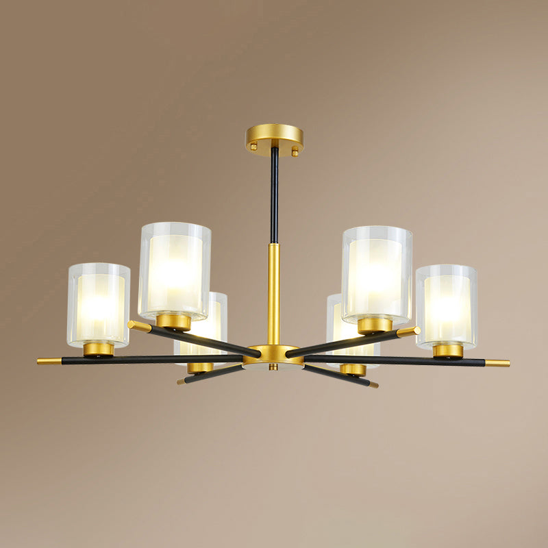 Clear and Frosted Cylinder Suspension Lamp Minimalist Dining Room Chandelier in Black-Brass Clearhalo 'Ceiling Lights' 'Chandeliers' Lighting' options 2311753
