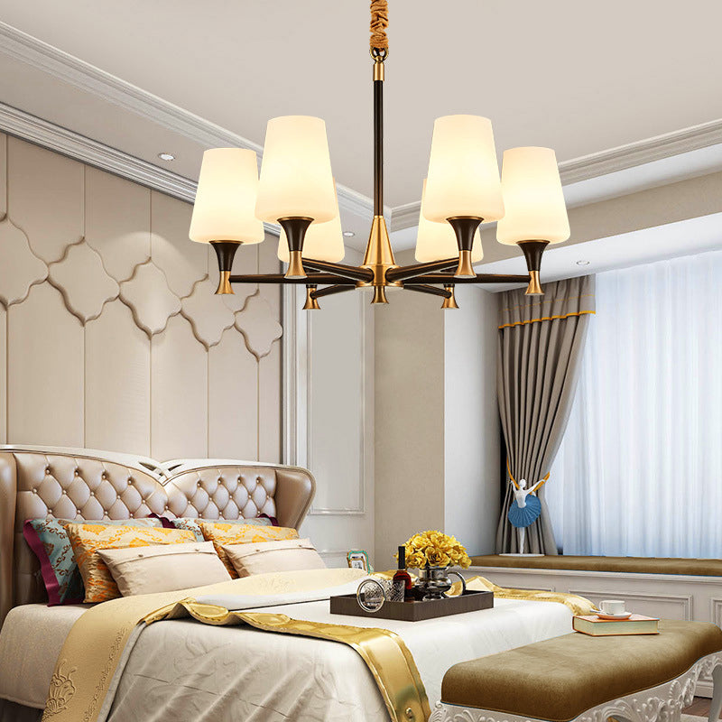 Conical White Glass Chandelier Light Traditional Bedroom Ceiling Suspension Lamp in Black Clearhalo 'Ceiling Lights' 'Chandeliers' Lighting' options 2311757