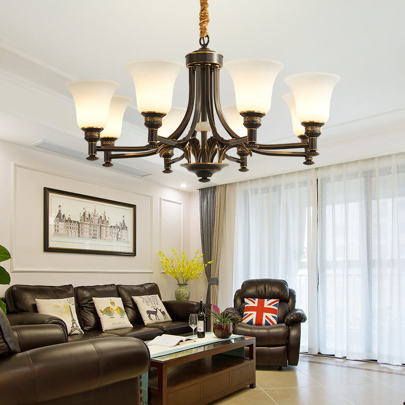 Conical White Glass Chandelier Light Traditional Bedroom Ceiling Suspension Lamp in Black Clearhalo 'Ceiling Lights' 'Chandeliers' Lighting' options 2311758