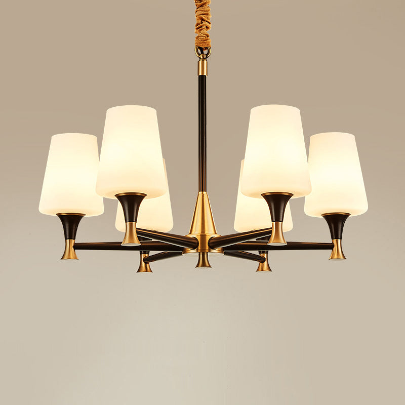 Conical White Glass Chandelier Light Traditional Bedroom Ceiling Suspension Lamp in Black 6 White Clearhalo 'Ceiling Lights' 'Chandeliers' Lighting' options 2311761_b1b03b0b-d2f3-4742-867b-7426c7e88739