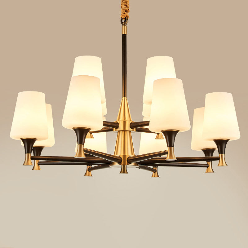 Conical White Glass Chandelier Light Traditional Bedroom Ceiling Suspension Lamp in Black 12 White Clearhalo 'Ceiling Lights' 'Chandeliers' Lighting' options 2311762_edf49a3d-50fb-4d21-b0d1-23be6a714e0c
