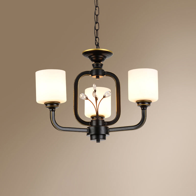 Cylinder Living Room Hanging Pendant Light Vintage Style Milky Glass Chandelier Lamp 3 Black Clearhalo 'Ceiling Lights' 'Chandeliers' Lighting' options 2311765_177e9cb7-cf78-4a0a-a0b9-49220bb56cd5