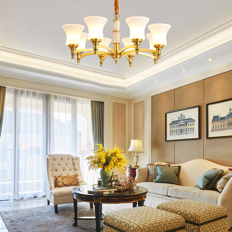 Traditional Flare Chandelier Lighting Fixture Opal Frosted Glass Pendant Lamp for Bedroom 8 Brass Clearhalo 'Ceiling Lights' 'Chandeliers' Lighting' options 2311775_b2cc6590-3c68-4217-996f-4a5f9f9a3211