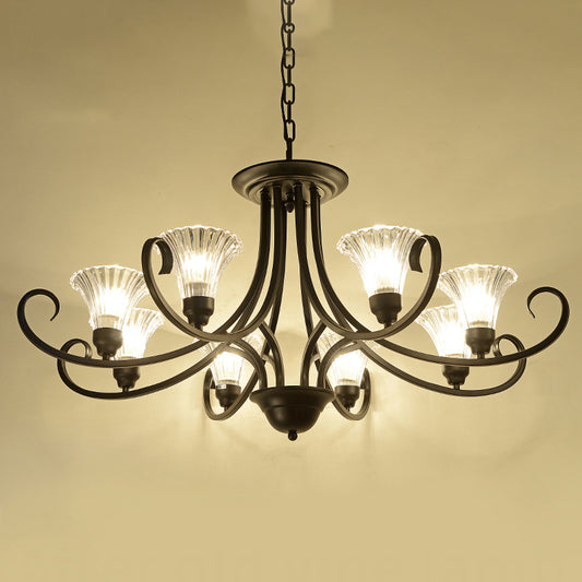 Clear Ribbed Glass Flared Chandelier Retro Parlor Ceiling Pendant Light with Swirled Arm in Black Clearhalo 'Ceiling Lights' 'Chandeliers' Lighting' options 2311779