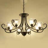 Clear Ribbed Glass Flared Chandelier Retro Parlor Ceiling Pendant Light with Swirled Arm in Black Clearhalo 'Ceiling Lights' 'Chandeliers' Lighting' options 2311779