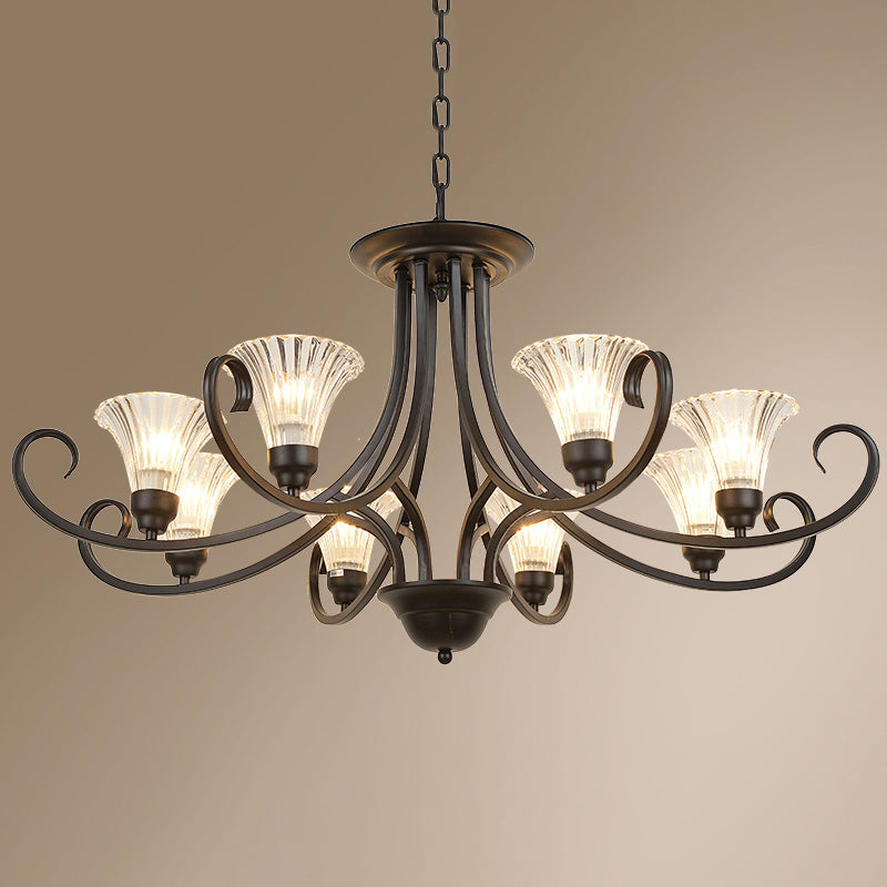 Clear Ribbed Glass Flared Chandelier Retro Parlor Ceiling Pendant Light with Swirled Arm in Black Clearhalo 'Ceiling Lights' 'Chandeliers' Lighting' options 2311780