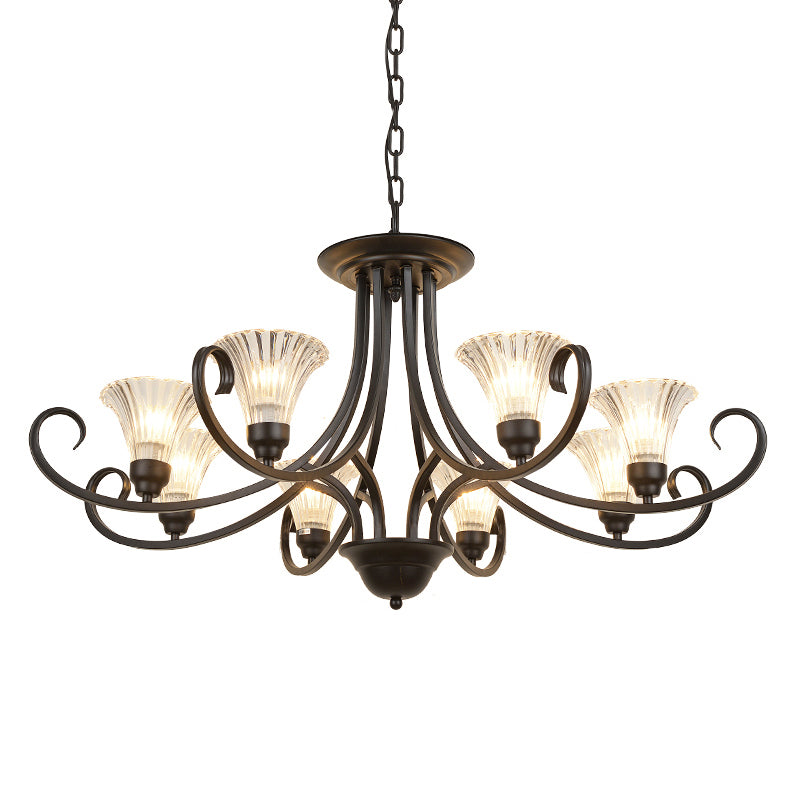 Clear Ribbed Glass Flared Chandelier Retro Parlor Ceiling Pendant Light with Swirled Arm in Black Clearhalo 'Ceiling Lights' 'Chandeliers' Lighting' options 2311782
